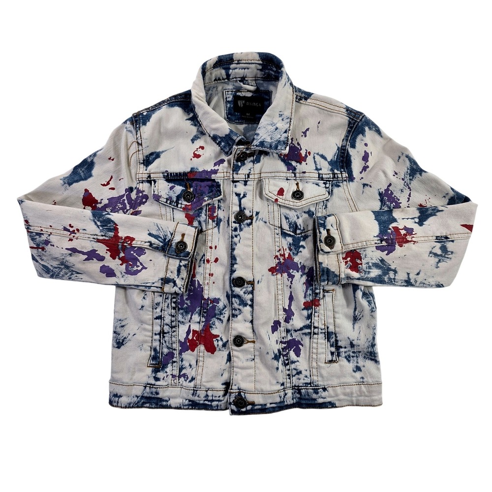 Waimea Denim Jacket Women Medium Blue Red Purple Splatter EUC Paint Drip Vibe